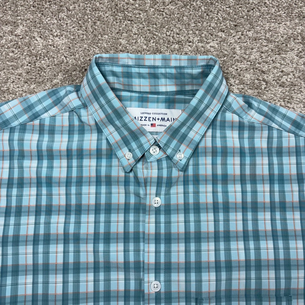 Mizzen+Main Leeward Collection Shirt Mens Large Trim Fit Short Sleeve Blue Plaid
